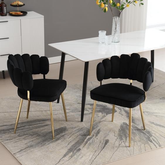 LVHOM Chaise de salle à manger set de 2 avec pieds métalliques dorés, chaise rembourrée velours pétale dossier design, chaise de salon cuisine, noir