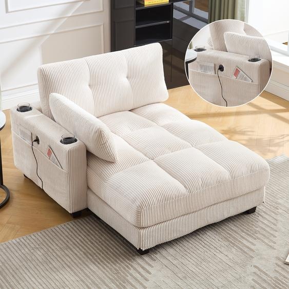 LVHOM Chaise longue avec USB&porte-gobelet, Fauteuil de relaxation avec poches latérales, Fauteuil individuel Canapé de sol Fauteuil lounge, dossier réglable, Beige