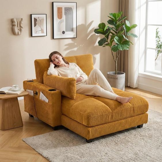 LVHOM Chaise longue avec USB&porte-gobelet, Fauteuil de relaxation avec poches latérales, Fauteuil individuel Canapé de sol Fauteuil lounge, dossier réglable, jaune