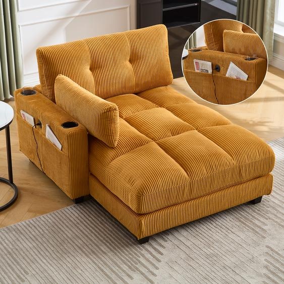 LVHOM Chaise longue avec USB&porte-gobelet, Fauteuil de relaxation avec poches latérales, Fauteuil individuel Canapé de sol Fauteuil lounge, dossier réglable, jaune