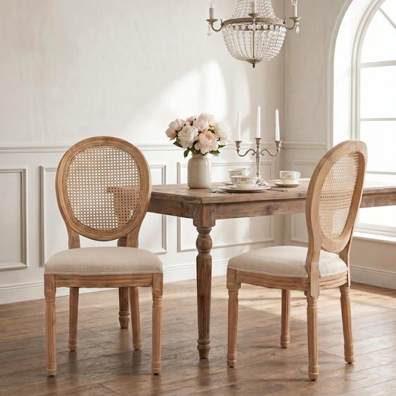 LVHOM - Ensemble de 2 chaises de salle à manger, modèle Medaillon avec tissage de Vienne, chaise rembourrée en lin, style rustique français, chaise en bois vintage, chaise de cuisine, couleur beige