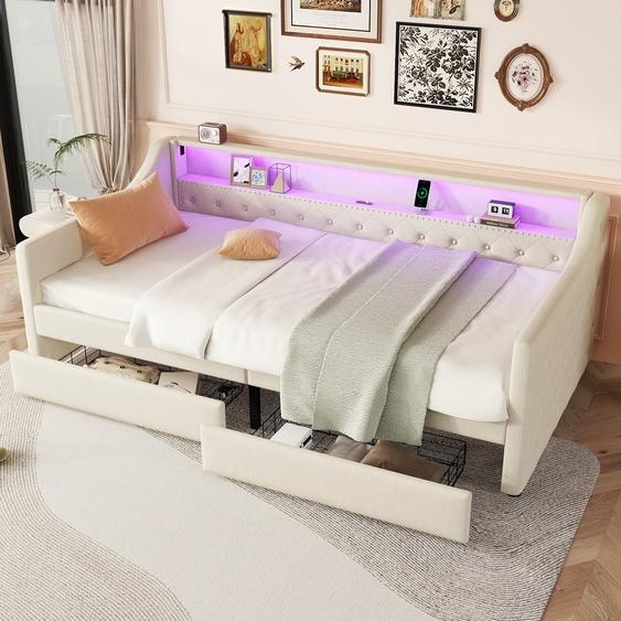 LVHOM Lit de jour 90x200cm avec LED&USB, Lit de jour avec 2 tiroirs, Canapé-lit avec espace de rangement, Lit simple Lit rembourré Lit dadolescent Lit denfant, Beige