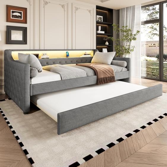 LVHOM Lit de jour 90x200cm avec LED&USB, Lit de jour avec couchage extensible 90x200cm, Canapé-lit avec espace de rangement, Gris