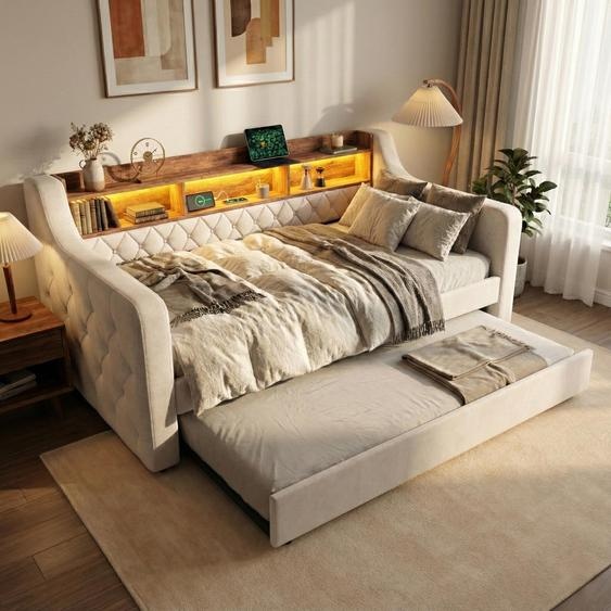 LVHOM Lit de jour extensible 90x190cm avec espace de rangement, USB et LED, Canapé-lit avec lit extensible, Daybed en velours avec sommier à lattes, Daybed avec boutons, Beige