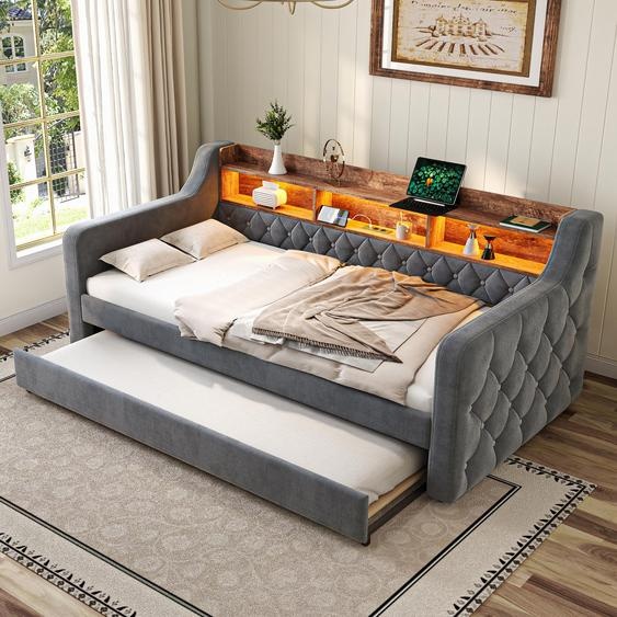 LVHOM Lit de jour extensible 90x190cm avec espace de rangement, USB et LED, Canapé-lit avec lit extensible, Daybed en velours avec sommier à lattes, Daybed avec boutons, Gris