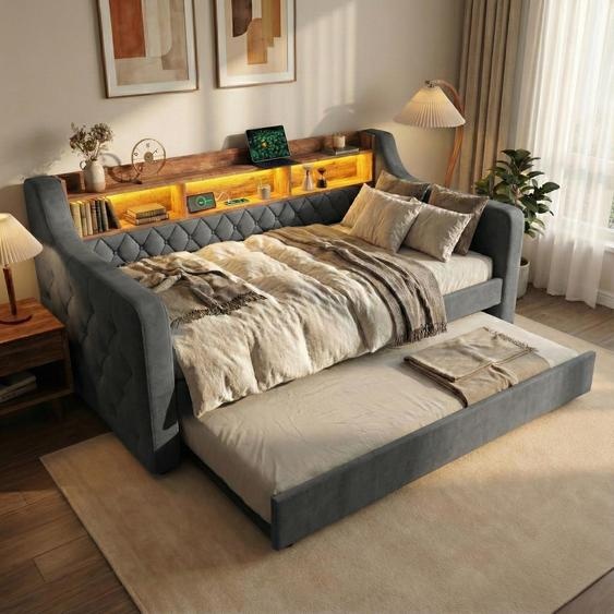 LVHOM Lit de jour extensible 90x190cm avec espace de rangement, USB et LED, Canapé-lit avec lit extensible, Daybed en velours avec sommier à lattes, Daybed avec boutons, Gris
