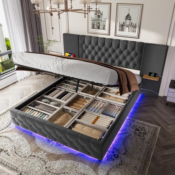 LVHOM Lit rembourré 140x200 cm avec LED et USB, lit double hydraulique avec étagères, lit jeune avec sommier à lattes, tissu velours lit boxspring, Gris