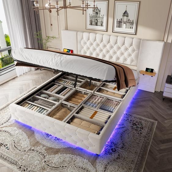 LVHOM Lit rembourré 140x200 cm avec LED et USB, lit double hydraulique avec étagères, lit pour adolescent avec sommier à lattes, tissu velours lit boxspring, Beige
