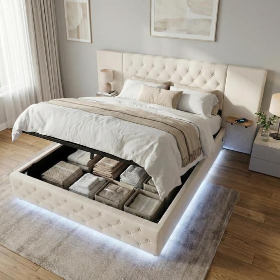 LVHOM Lit rembourré 140x200 cm avec LED et USB, lit double hydraulique avec étagères, lit pour adolescent avec sommier à lattes, tissu velours lit boxspring, Beige
