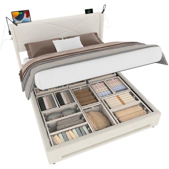 LVHOM Lit rembourré 140x200cm avec lampes de lecture et USB, LED Lit double avec sommier à lattes, Lit de rangement en velours, Lit hydraulique en bois avec sommier, Beige