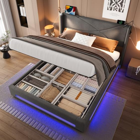 LVHOM Lit rembourré 140x200cm avec lampes de lecture et USB, LED Lit double avec sommier à lattes, Lit de rangement en velours, Lit hydraulique en bois avec sommier, Gris