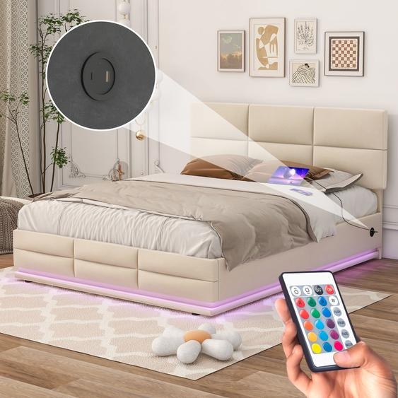 LVHOM Lit rembourré 140x200cm avec LED et USB, Lit double avec système hydraulique, Lit de rangement en velours, Cadre de lit massif, Lit boxspring, Beige