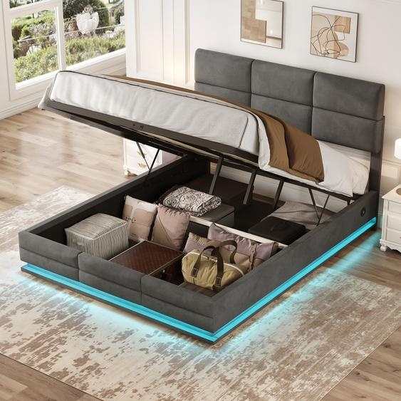 LVHOM Lit rembourré 140x200cm avec LED et USB, lit double avec système hydraulique, lit de rangement en velours, cadre de lit massif, lit boxspring, gris