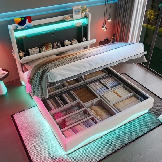 LVHOM Lit rembourré 140x200cm avec LED&USB, lit double avec coffre de lit, lit dadolescent avec tête de lit, lit de rangement avec sommier à lattes, lit boxspring Beige