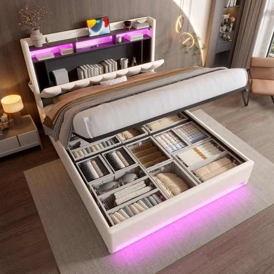 LVHOM Lit rembourré 140x200cm avec LED&USB, Lit double avec espace de rangement caché, Lit de rangement avec sommier à lattes, Lit pour adolescent avec coffre de lit, Tissu velours, Beige