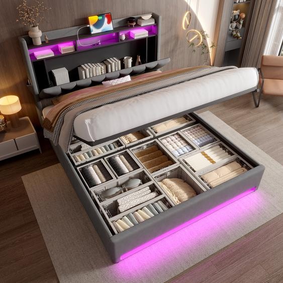 LVHOM Lit rembourré 140x200cm avec LED&USB, lit double avec espace de rangement caché, lit de rangement avec sommier à lattes, lit pour adolescent avec coffre de lit, tissu velours, gris