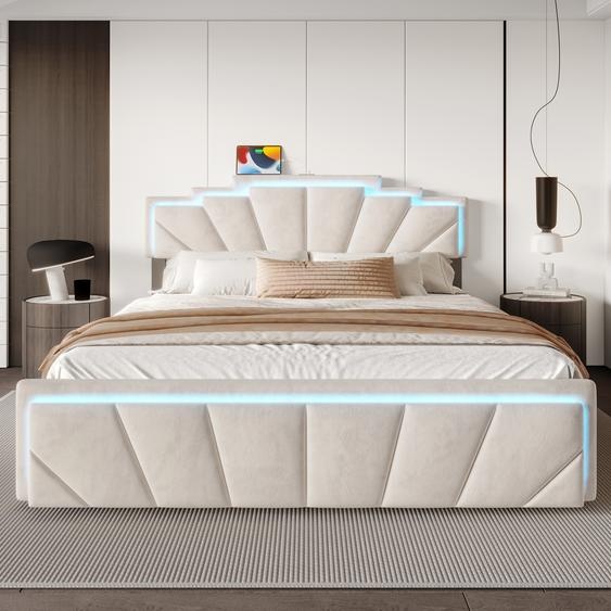 LVHOM Lit rembourré 140x200cm avec LED&USB, Lit double avec quatre tiroirs, Lit pour adolescent avec tête de lit réglable en hauteur, Lit en bois avec sommier à lattes, Beige