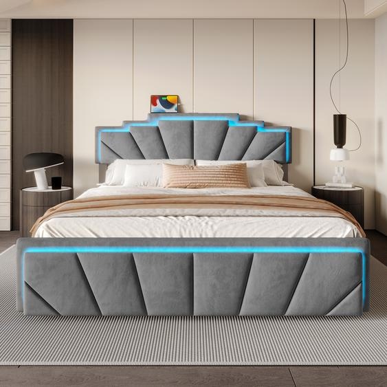 LVHOM Lit rembourré 140x200cm avec LED&USB, Lit double avec quatre tiroirs, Lit pour adolescent avec tête réglable en hauteur, Lit en bois avec sommier à lattes, Gris