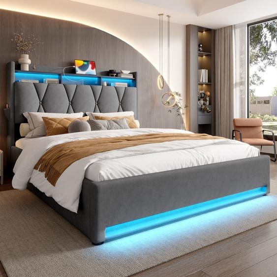 LVHOM Lit rembourré 160x200cm avec LED&USB, lit double avec espace de rangement caché, lit de rangement avec sommier à lattes, lit pour adolescent avec coffre de lit, tissu velours, gris