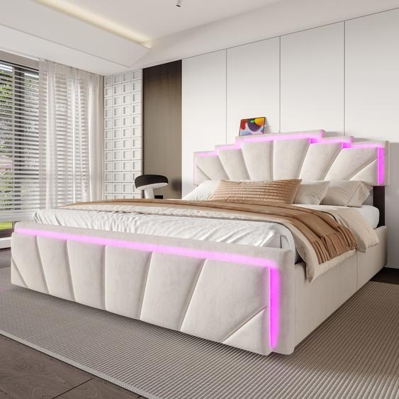 LVHOM Lit rembourré 160x200cm avec LED&USB, Lit double avec quatre tiroirs, Lit pour adolescent avec tête de lit réglable en hauteur, Lit en bois avec sommier à lattes, Beige