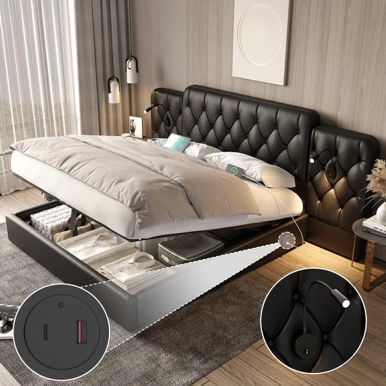 LVHOM Lit rembourré 180x200 cm avec lampes de lecture et USB, lit boxspring hydraulique avec coffre de lit, lit double en similicuir, lit fonctionnel, noir