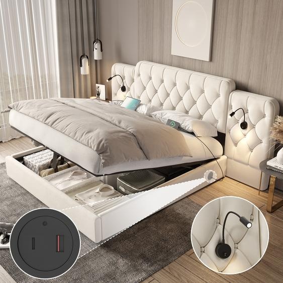 LVHOM Lit rembourré 180x200 cm avec lampes de lecture et USB, lit boxspring hydraulique avec coffre de lit, lit double en velours avec sommier à lattes, lit fonctionnel, beige