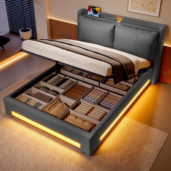 LVHOM Lit tapissier 140x190cm avec LED et veilleuse, Lit double avec sommier à lattes et USB, Lit boxspring hydraulique avec espace de rangement, Lit jeune velours, Gris