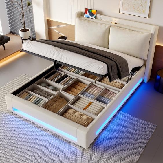 LVHOM Lit tapissier 140x200cm avec LED et veilleuse, lit double avec sommier à lattes et USB, lit boxspring hydraulique avec espace de rangement, lit adolescent velours,Beige