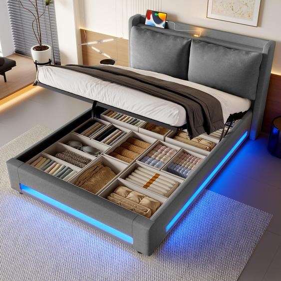 LVHOM Lit tapissier 140x200cm avec LED et veilleuse, Lit double avec sommier à lattes et USB, Lit boxspring hydraulique avec espace de rangement, Lit jeune velours, Gris