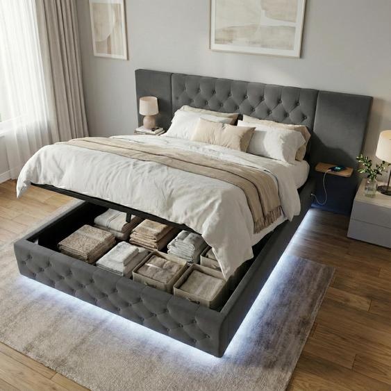 LVHOM Lit tapissier 160x200 cm avec LED et USB, lit double hydraulique avec étagères, lit jeune avec sommier à lattes, tissu velours lit boxspring, gris