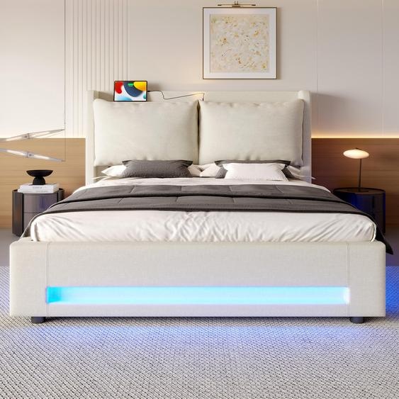 LVHOM Lit tapissier 160x200cm avec LED et veilleuse, Lit double avec sommier à lattes et USB, Lit boxspring hydraulique avec espace de rangement, Lit jeune velours,Beige