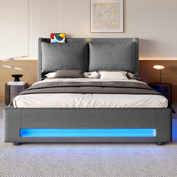 LVHOM Lit tapissier 160x200cm avec LED et veilleuse, Lit double avec sommier à lattes et USB, Lit boxspring hydraulique avec espace de rangement, Lit jeune velours, Gris