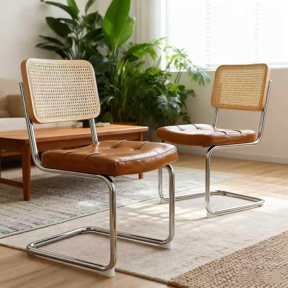 LVHOM, lot de 2 chaises à piètement luge de style Bauhaus, chaises de salle à manger avec dossier en rotin, assise rembourrée en similicuir matelassé, design rétro, marron
