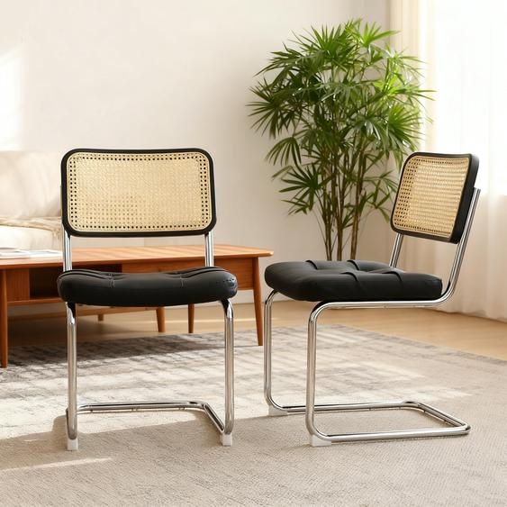 LVHOM, lot de 2 chaises à piètement luge de style Bauhaus, chaises de salle à manger avec dossier en rotin, assise rembourrée en similicuir matelassé, design rétro, noir