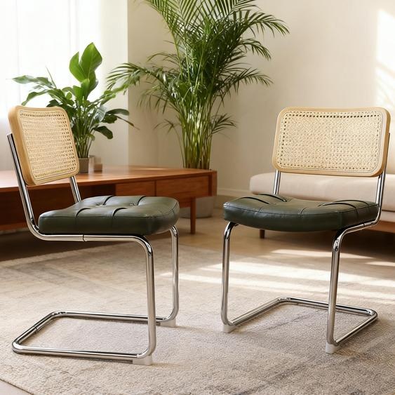 LVHOM, lot de 2 chaises à piètement luge de style Bauhaus, chaises de salle à manger avec dossier en rotin, assise rembourrée en similicuir matelassé, design rétro, vert foncé