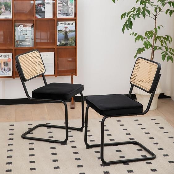 LVHOM, lot de 2 chaises de salle à manger à piètement luge de style Bauhaus, dossier en rotin tressé à la viennoise, chaises rembourrées en velours rétro avec structure métallique, noir