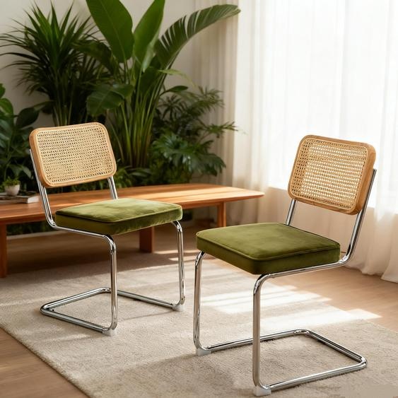 LVHOM, lot de 2 chaises de salle à manger à piètement luge de style Bauhaus, dossier en rotin tressé viennois, assise rembourrée en velours avec piètement chromé, design rétro, vert