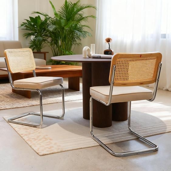 LVHOM, lot de 2 chaises de salle à manger à piètement luge de style Bauhaus, dossier en rotin tressé viennois, assise rembourrée en velours rétro avec structure chromée, beige