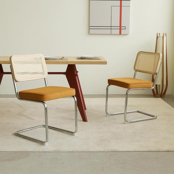 LVHOM, lot de 2 chaises de salle à manger à piètement luge de style Bauhaus, dossier en rotin tressé viennois, assise rembourrée en velours rétro avec structure chromée, orange