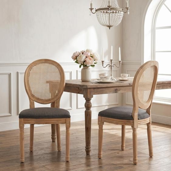 LVHOM, lot de 2 chaises de salle à manger : chaise à médaillon avec tressage viennois, chaise rembourrée en lin, style cottage français, chaise vintage en bois, chaise de cuisine, gris