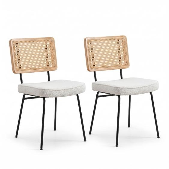 LVHOM, lot de 2 chaises de salle à manger en chenille et bois massif, chaises rembourrées aspect rotin, chaises de cuisine à pieds métalliques, couleur ivoire