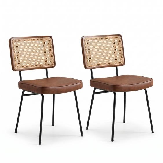 LVHOM, lot de 2 chaises de salle à manger enPolyuréthaneet bois massif, chaises rembourrées aspect rotin, chaises de cuisine à pieds métalliques, marron