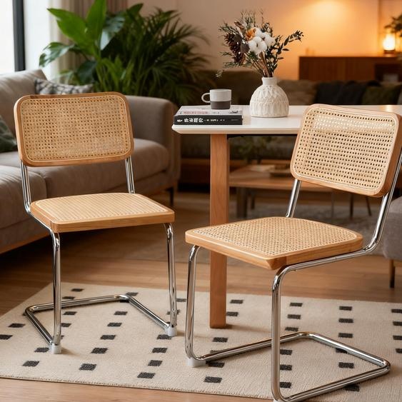LVHOM Lot de 2 chaises de salle à manger et de bureau à piètement luge en rotin, tube dacier chromé, chaises rétro de style Bauhaus empilables, 46,5 x 86 x 53 cm, couleur naturelle