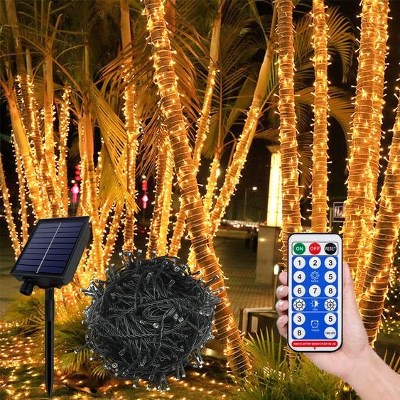 LZQ 100M 1000 LED Guirlande lumineuse solaire Blanc chaud 8 modes déclairage Fête Jardin Intérieur Extérieur Décoration Lumières de Noël avec panneau solaire