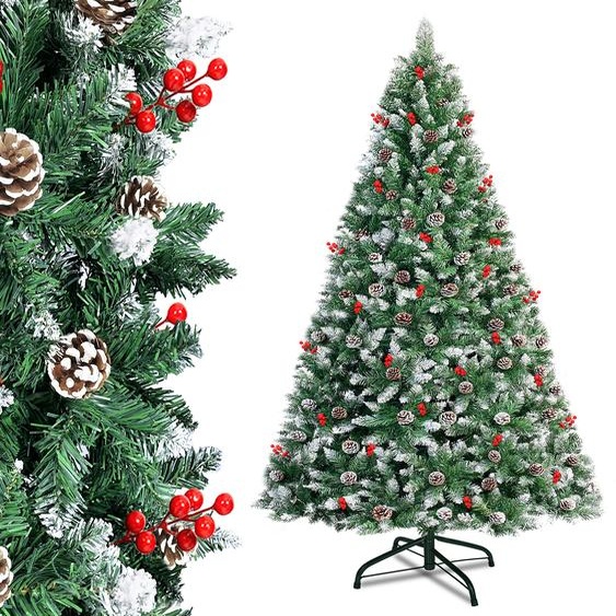 LZQ 210cm Arbre de Noël artificiel avec support métallique Sapin pour décoration de Noël avec neige, pommes de pin et baies rouges
