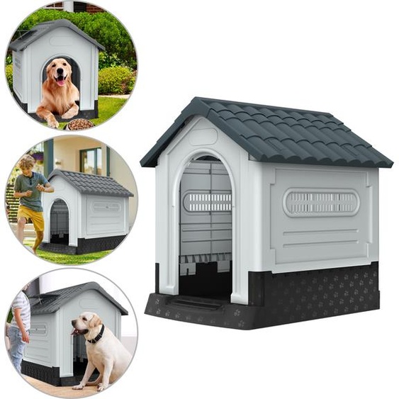 LZQ Niche pour chiens Maison pour animaux domestiques en plastique, étanche & résistante aux UV, maison pour chiens avec fond surélevé/ouvertures daération/lumière supérieure, gris (L 79,5 x l 70,5 x H 78 cm)