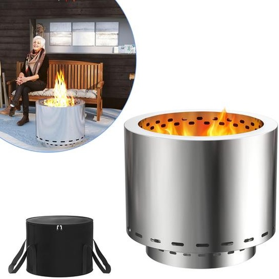 LZQ Petit bac à feu Ø22 cm × 22 cm, foyer portable & sans fumée en acier inoxydable, cheminée de table pour jardin, balcon & terrasse, avec sac de transport