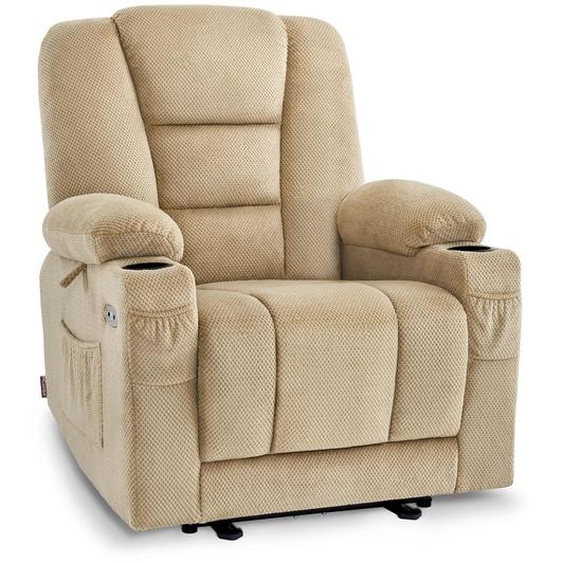 M MCombo Fauteuil TV à réglage électrique, Fauteuil relax avec fonction chaise longue, Fauteuil TV avec fonction massage & chaleur, USB & porte-boissons, Salon, Tissu, 7008 (Beige)