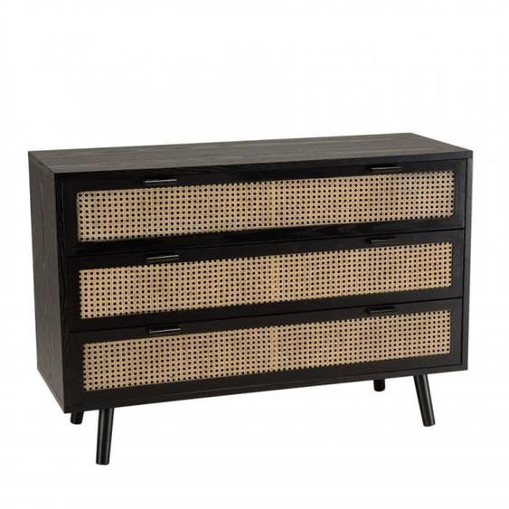 Commode - MACABANE - EMILIO - 3 tiroirs - Noir - Cannage naturel - MDF plaqué frêne