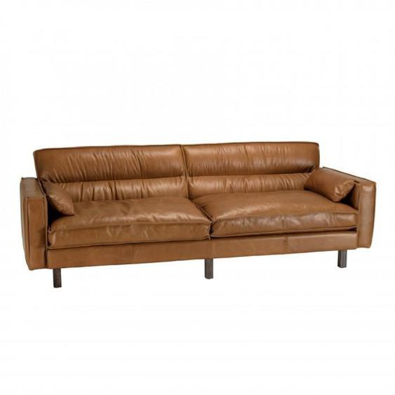 Canapé 3 places - MACABANE - Gaston - Cuir marron camel - Vintage - Pieds en bois